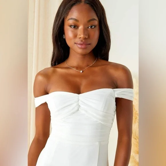 NWOT Lulus Excellent Elegance White Pleated Off-the-Shoulder Maxi Dress - Picture 3 of 9